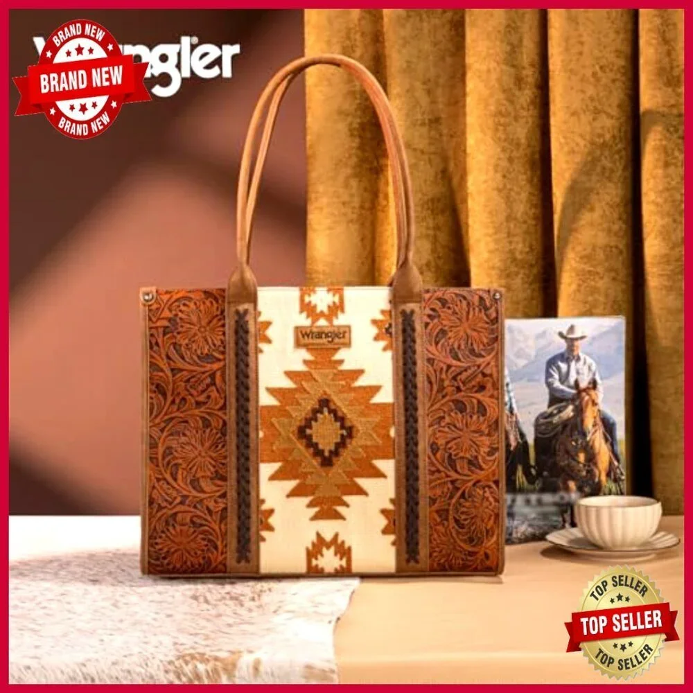 Large Genuine Leather Tote Bag with Aztec Tapestry and Western Flair